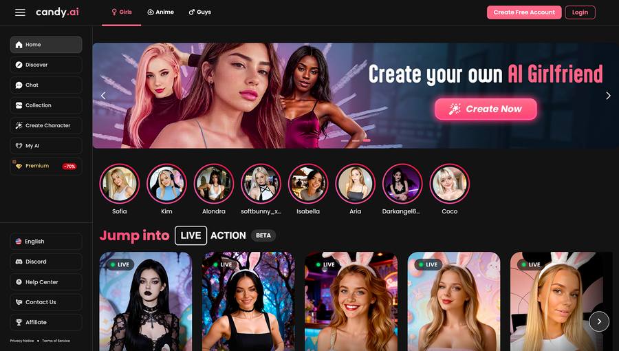 Candy AI homepage showing customisable AI character creation interface