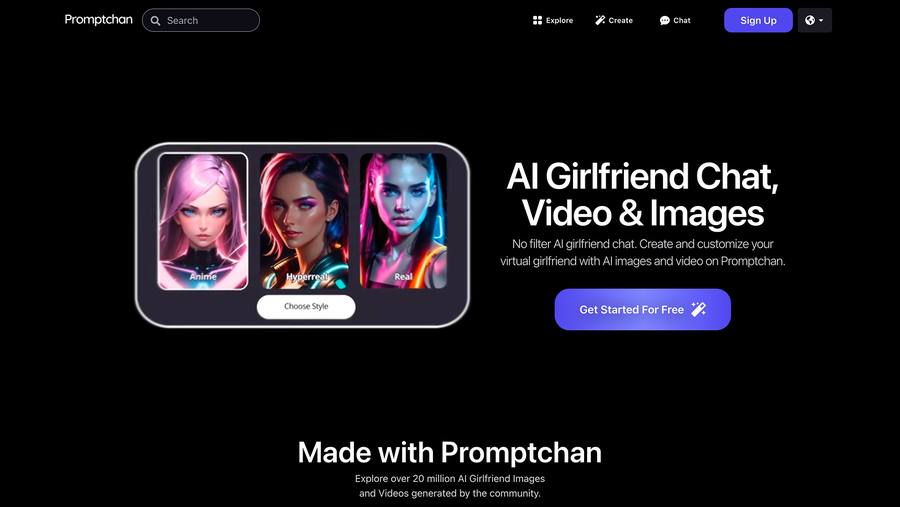 Promptchan AI image generator homepage showing NSFW AI character creation interface